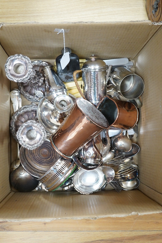 A quantity of assorted plated and copper wares including a pair of candlesticks, a pair of wine coasters, a chamberstick, cutlery etc. Condition - varies